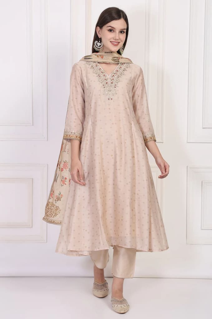 Beige Embroidered A-Line Chanderi Kurta with Straight Pant and Dupatta Set — XS