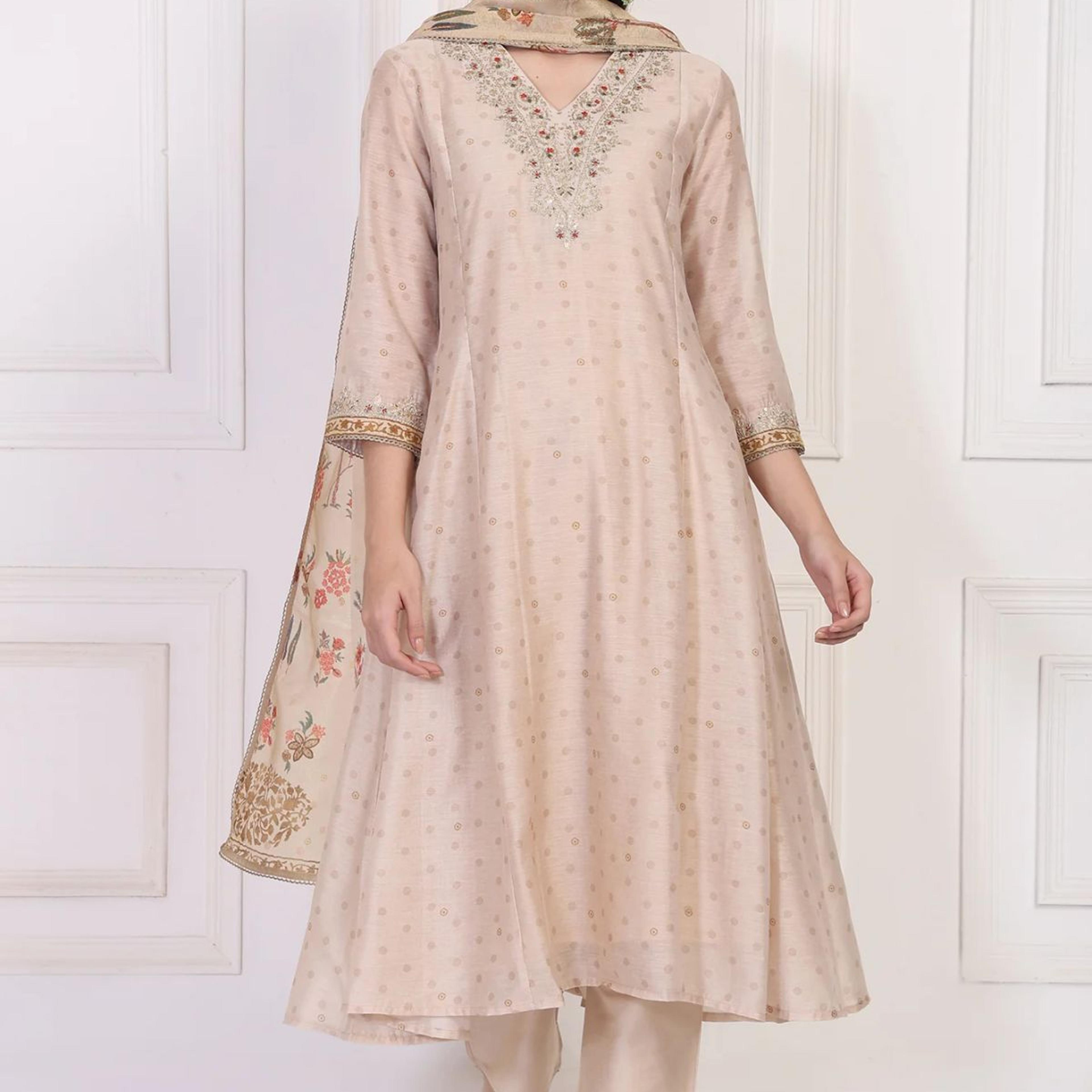 Beige Embroidered A-Line Chanderi Kurta with Straight Pant and Dupatta Set