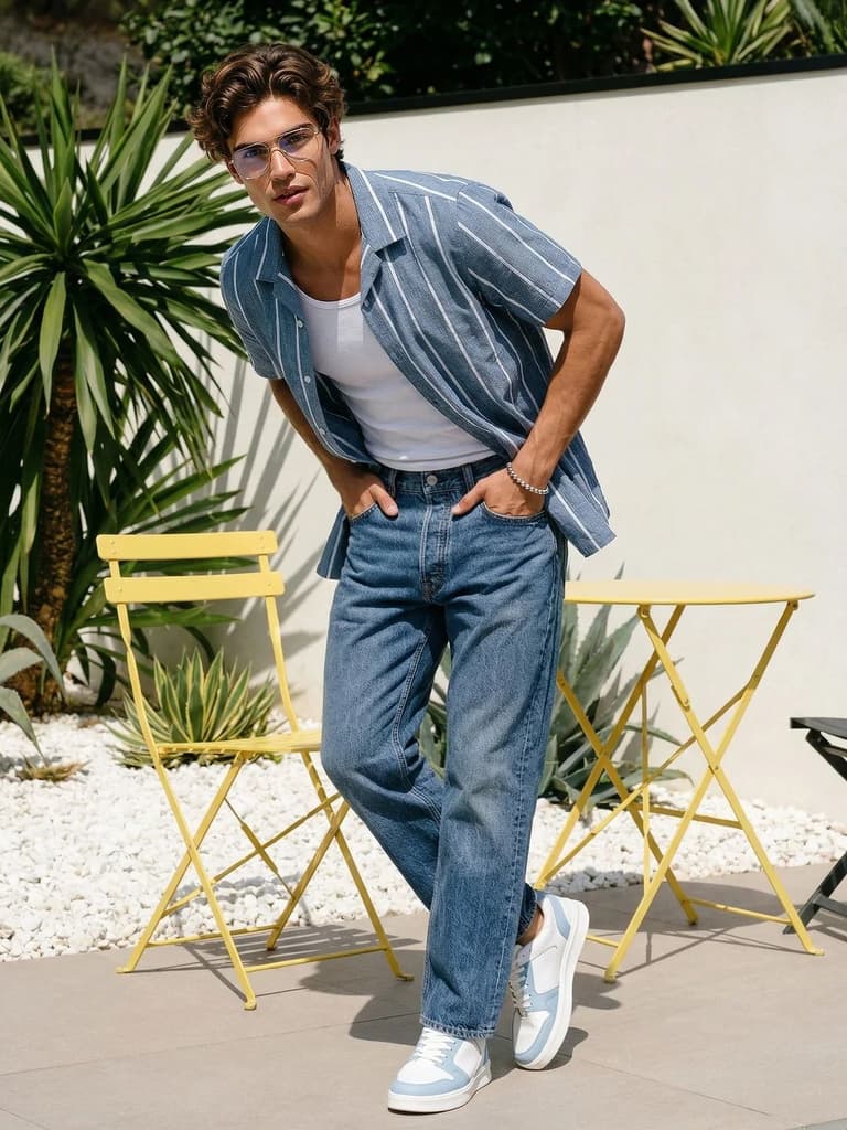 Men's Aqua Cotton Half Sleeve Relaxed Fit Linen Striped Shirt with Cuban Collar — photo 4