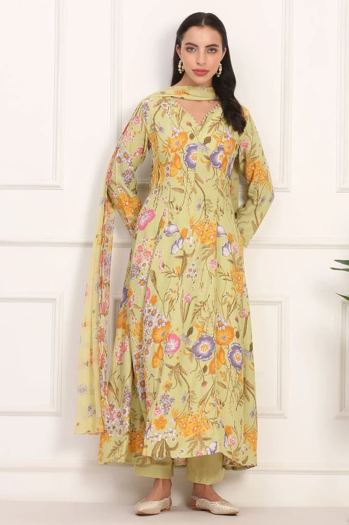 Light Green Floral Printed Rayon Anarkali Kurta, Pant and Dupatta Set — photo 3
