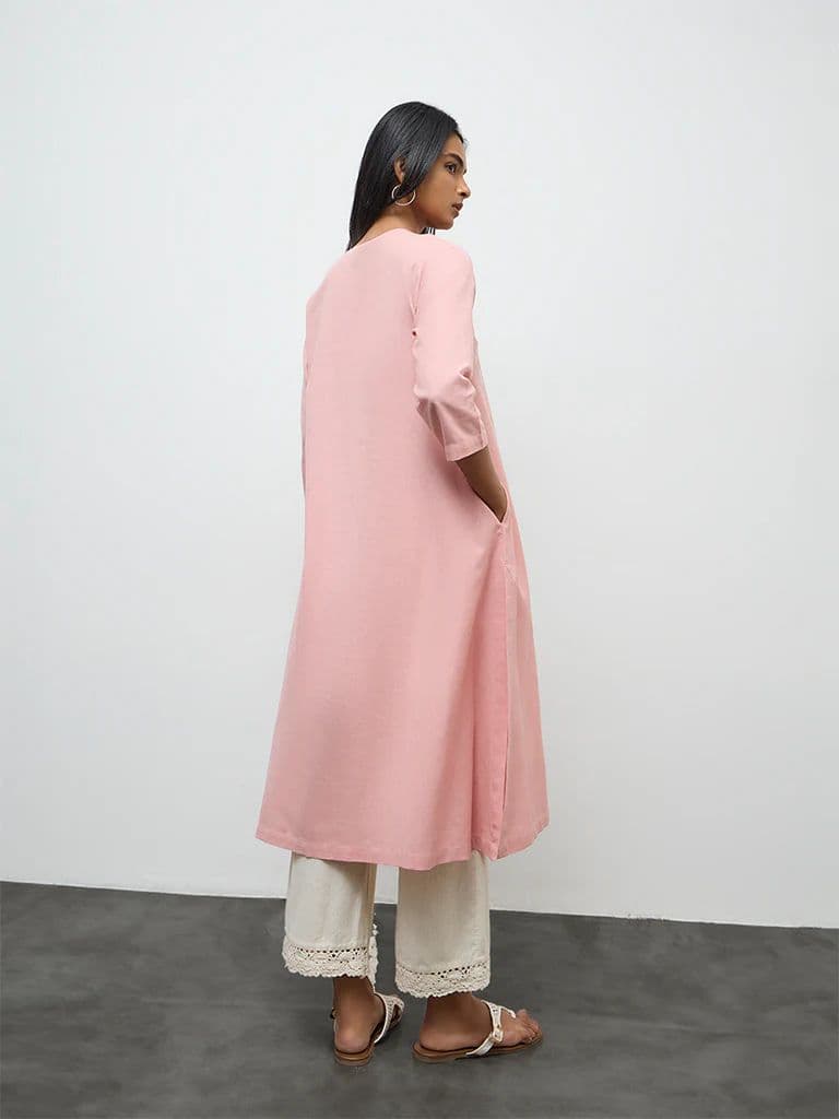 Utsa Pink Floral Embroidered Cotton-Blend A-Line Kurta — photo 4