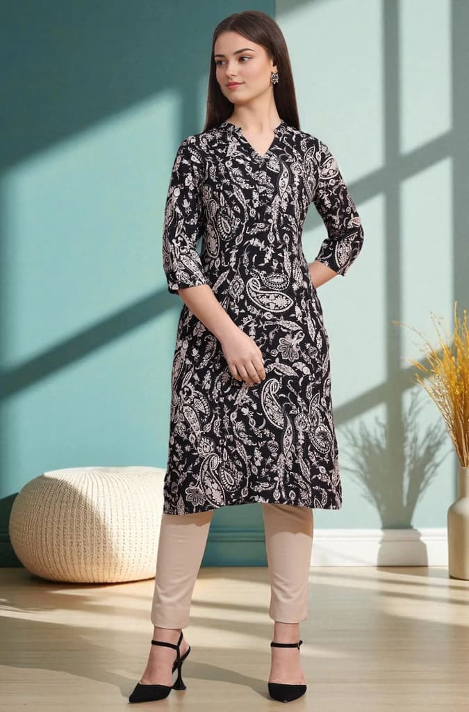 Black Bold Floral Printed Cotton Cambric Straight Kurta — XS