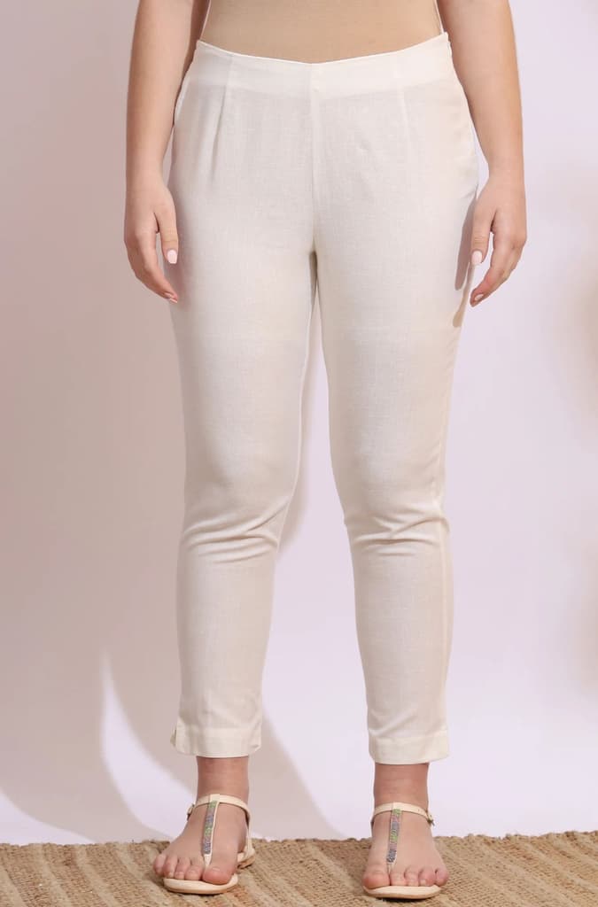 White Solid Mid-Rise Cotton Flax Slim Pants — photo 2