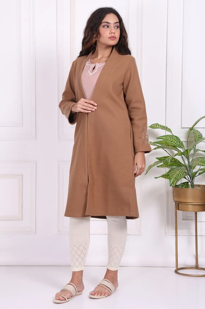 Camel Brown Embroidered Straight Woven Coat — photo 4