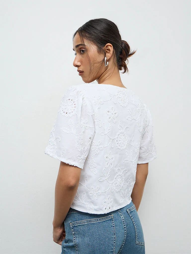 LOV Off-White Floral Embroidered Cotton Blouse — photo 4