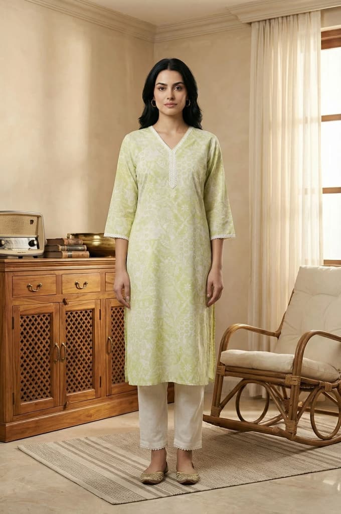 Lime Green Lace Floral Printed Pure Cotton Straight Kurta — photo 2