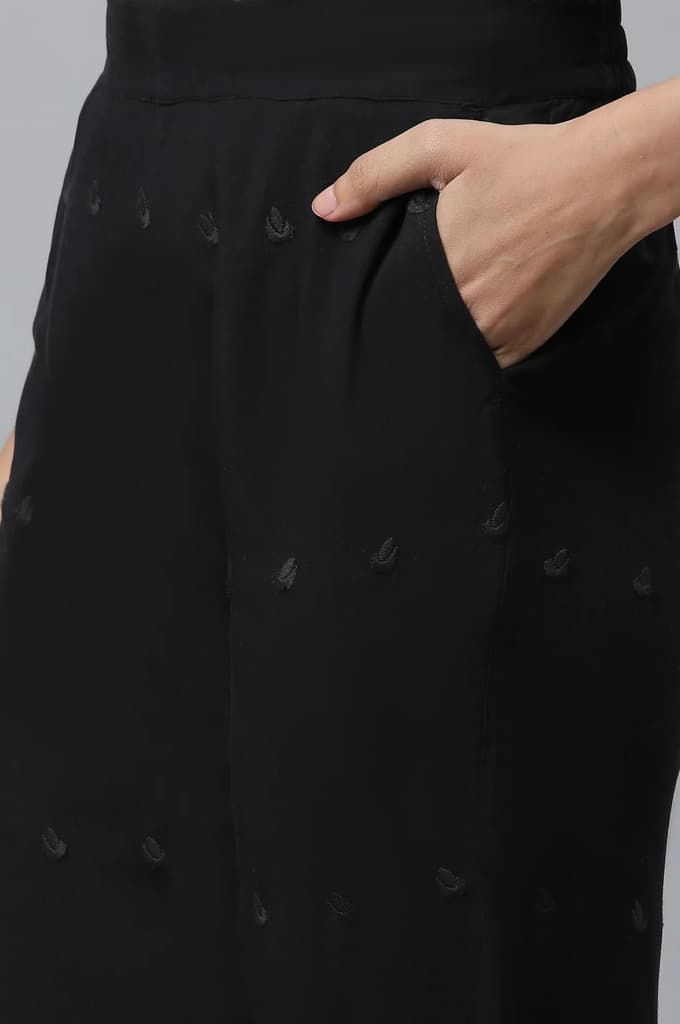 Black Schiffli Embroidered Straight Fit Woven Palazzo With Elasticated Waist — photo 7