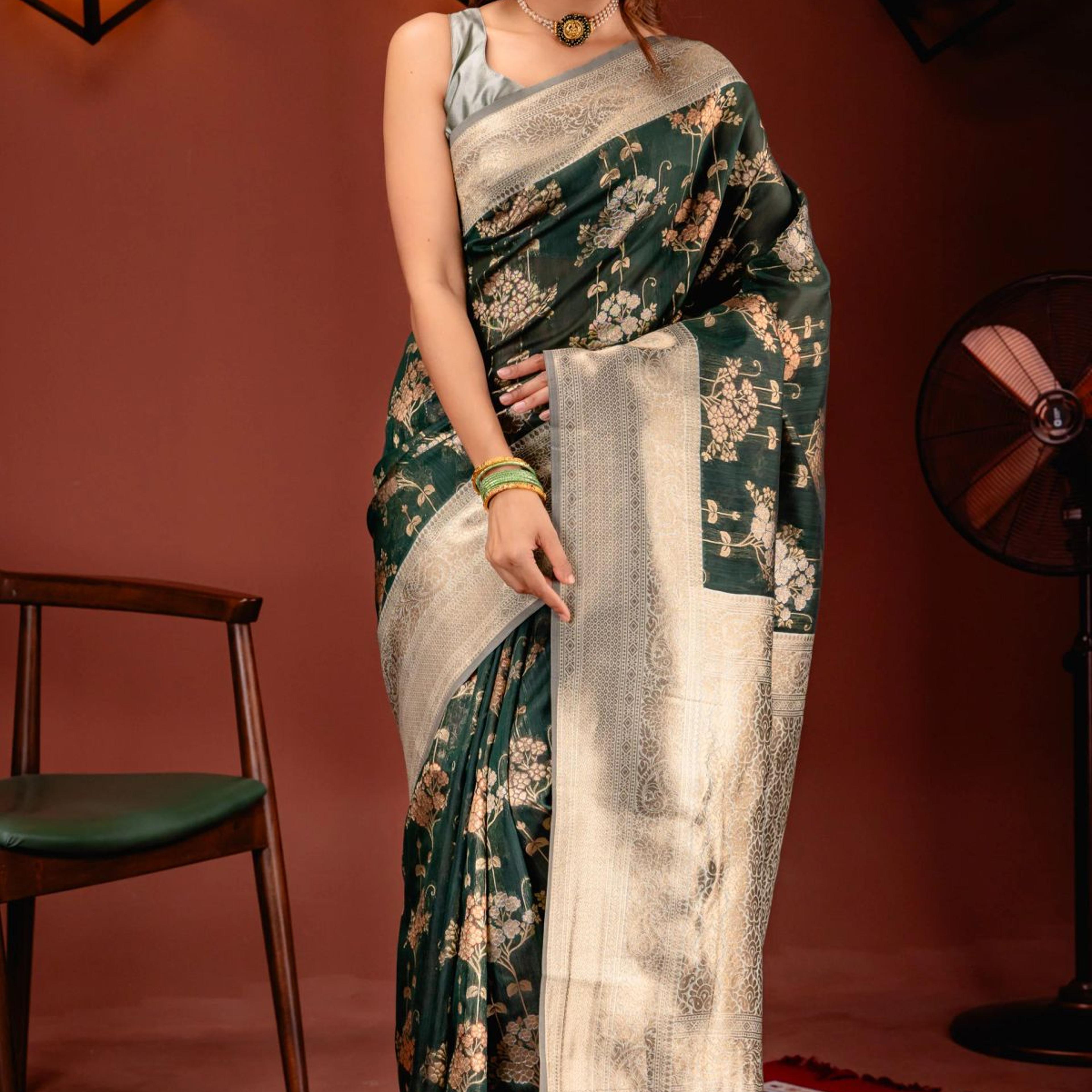 Mimosa Women's Woven Design Kanjivaram Style Art Silk Saree With Blouse Piece : SA00001736GRNFREE