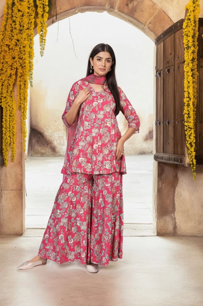 Pink Floral Printed Lace Trim Flared Rayon Kurta with Sharara and Dupatta Set — photo 2
