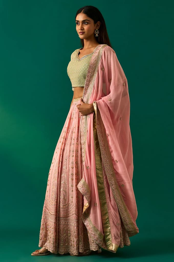 Green Embroidered Anarkali Blouse with Skirt and Dupatta Set — photo 3
