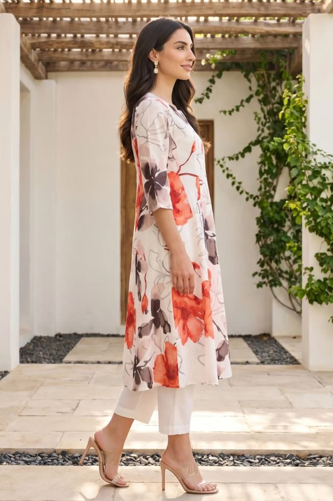 Off White Floral Printed Cotton Flax Flared Kurta — photo 6