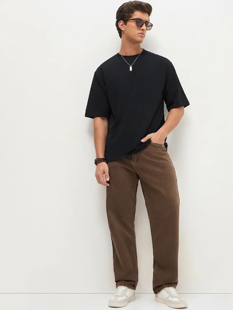 Men's Chocolate Brown Loose Baggy Fit Washed Denim Jeans Non-Stretchable — photo 4