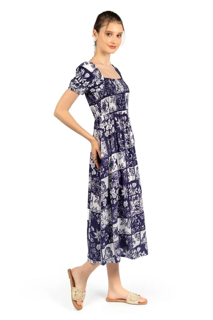 Blue & White Floral Rayon Fit & Flare Midi Dress — photo 7