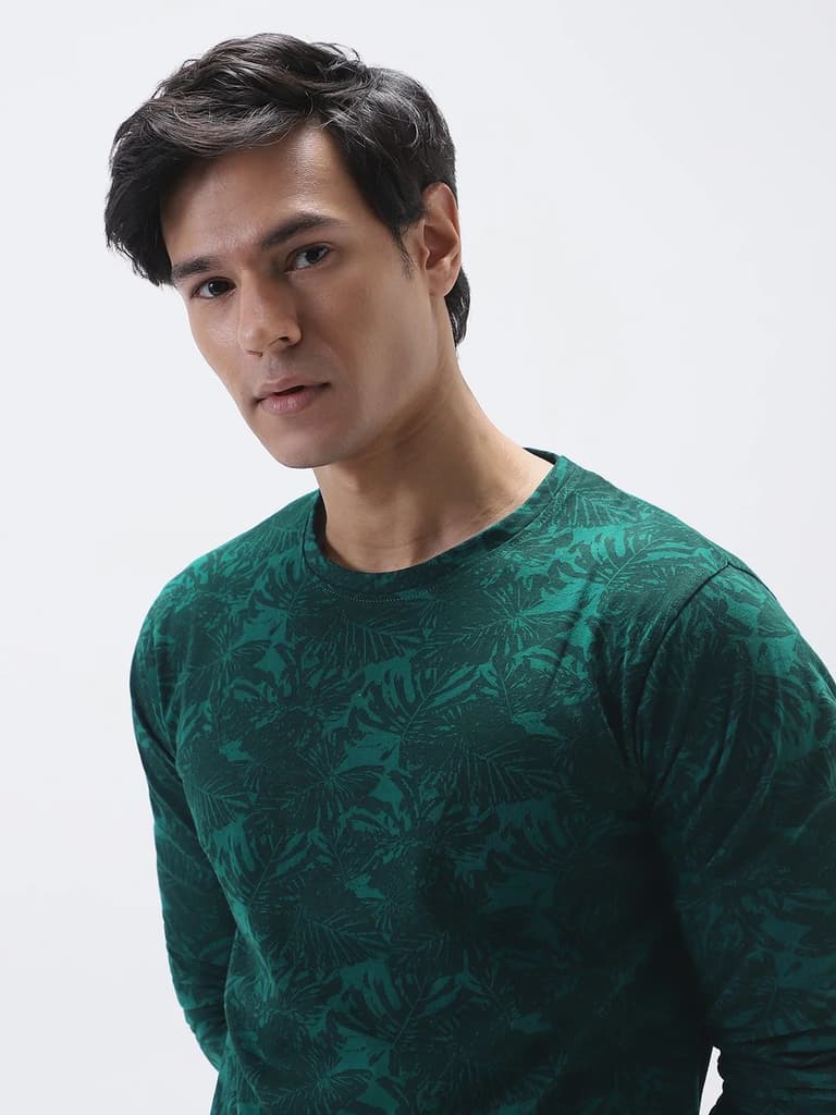 Men's Slim Fit Dark Green Printed Full Sleeve T-Shirt — photo 6