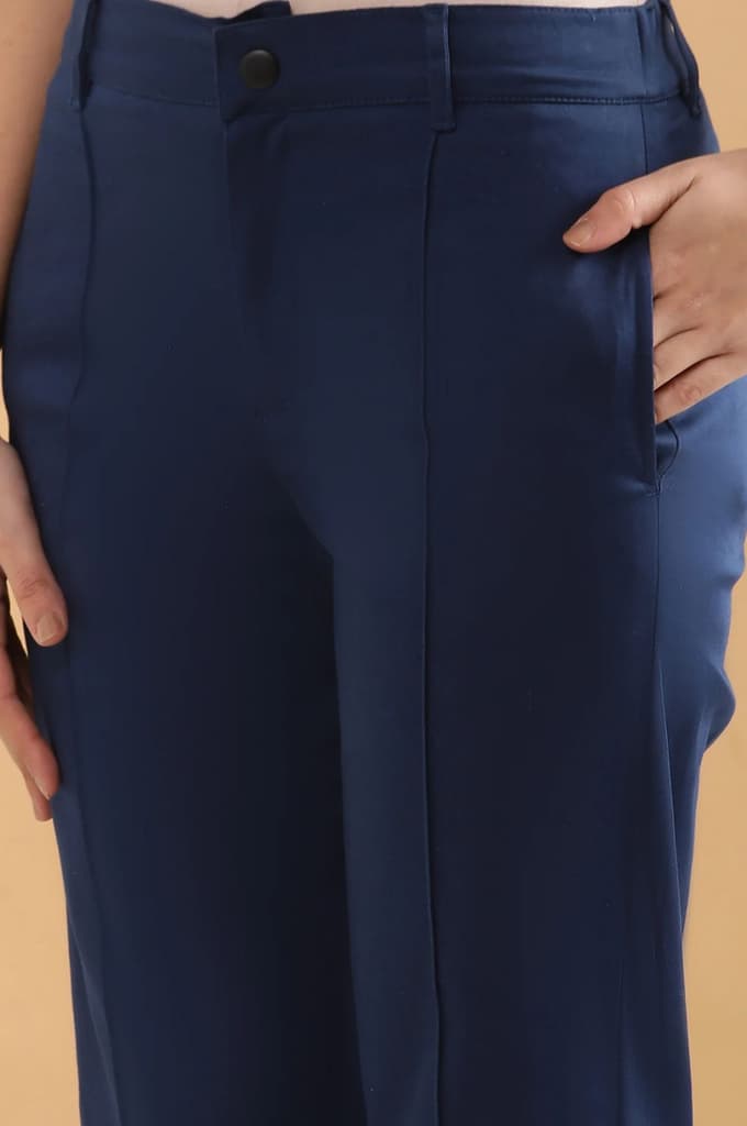 Blue Solid Straight Fit Cotton Pants With Pintuck Detail — photo 7