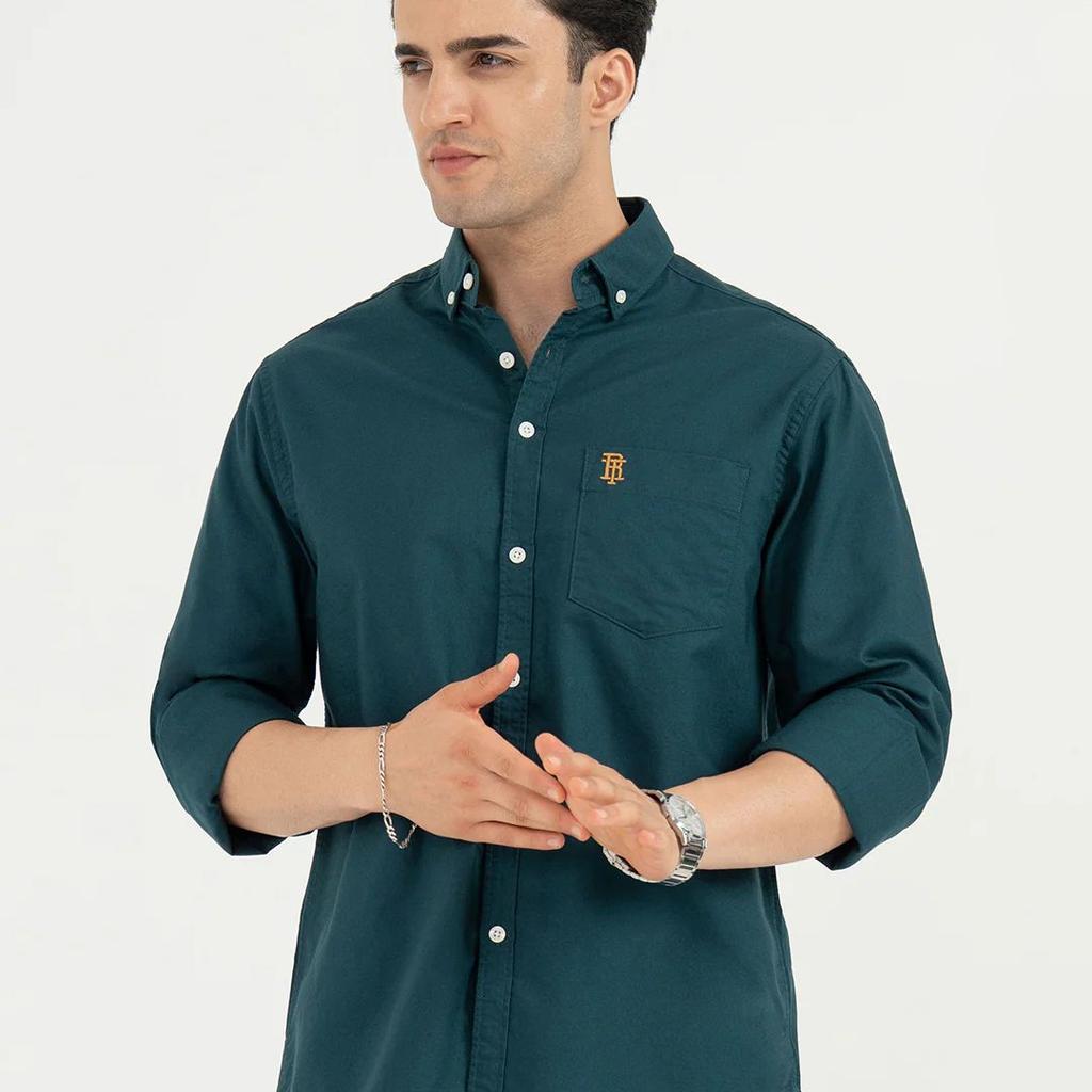 Shirts for Men in Teal | Solid Oxford Full Sleeve Casual Shirt