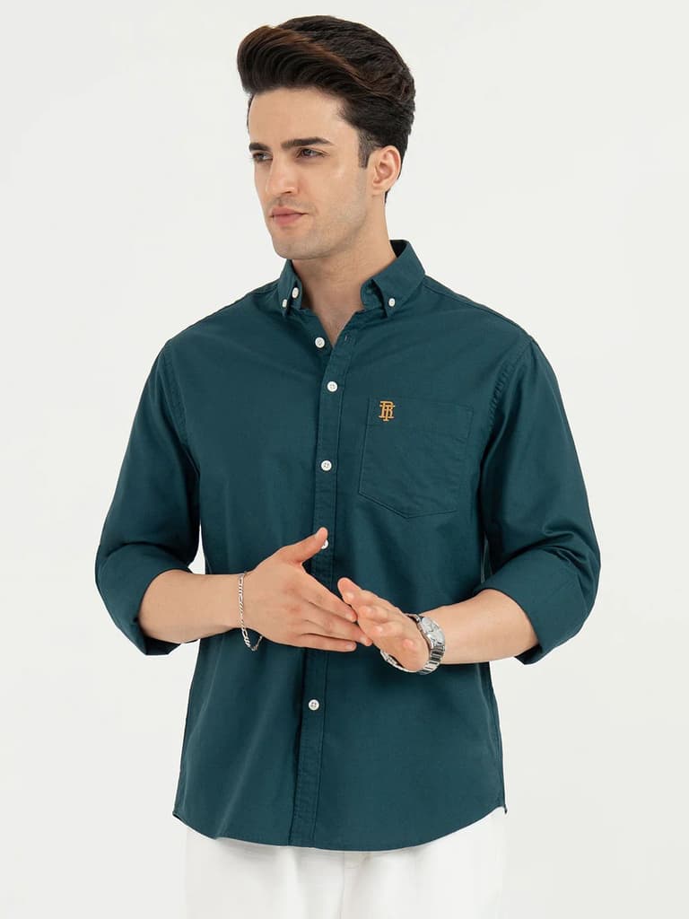 Shirts for Men in Teal | Solid Oxford Full Sleeve Casual Shirt — S / Teal