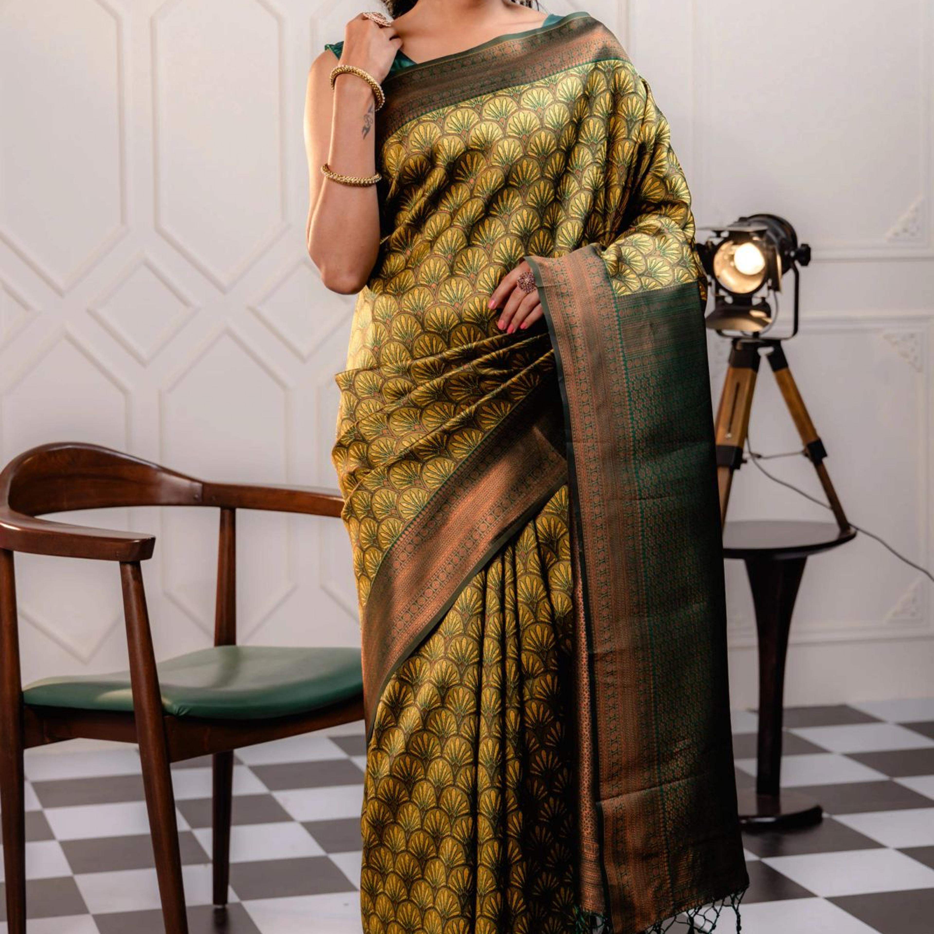 Mimosa Women's Woven Design Kanjivaram Style Art Silk Saree With Blouse Piece : SA00001790YLWFREE