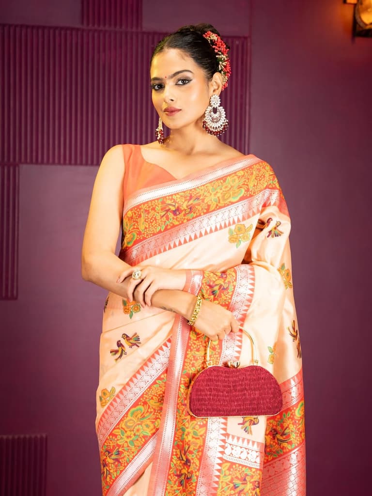 Mimosa Women's Woven Design Banarasi Style Art Silk Saree With Blouse Piece : SA00001992PCFREE — Peach