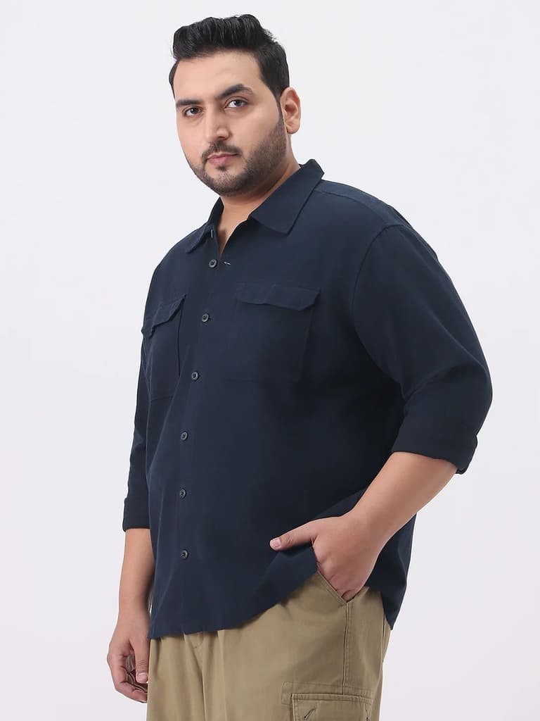Plus Men's Navy Cotton Full Sleeve Relaxed Fit Shacket with Utility Pockets — photo 3