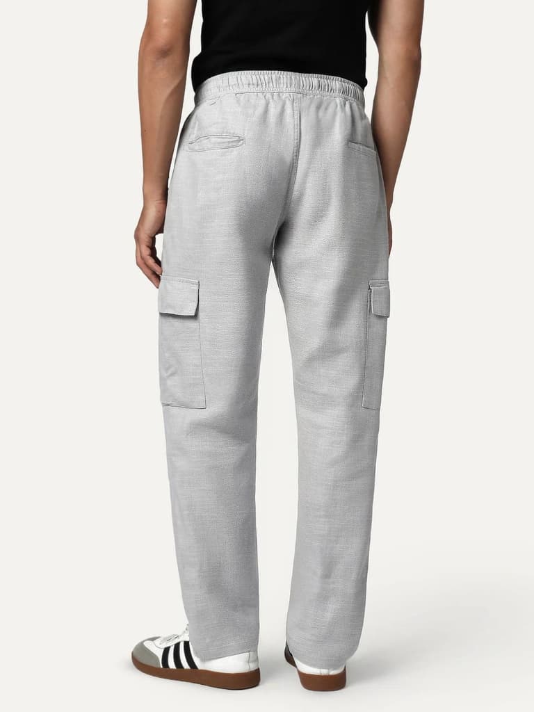 Men's Light Grey Straight Fit Linen Cargo Pants with 6 Pockets — photo 3