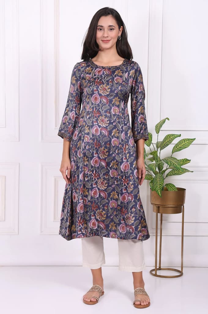 Navy Blue Floral Printed Beadwork Modal Satin A-line Kurta — photo 2