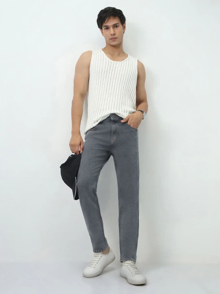 Men's Grey Slim Fit Washed Denim Jeans Stretchable — photo 4