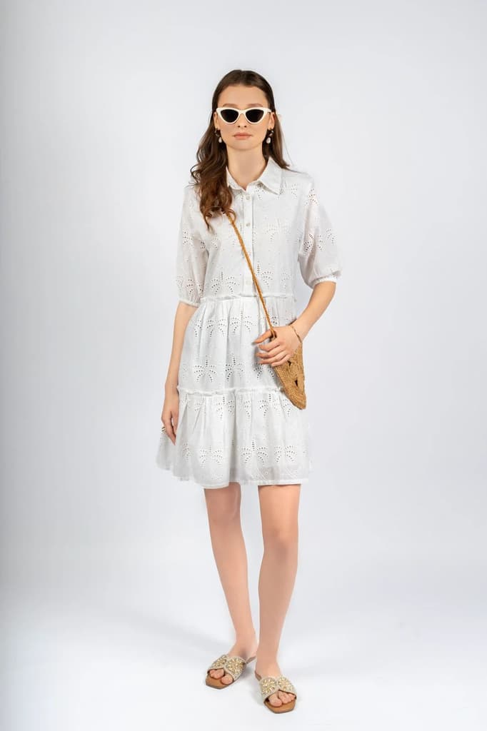 White Cotton Schiffly Fit & Flare Dress — photo 6