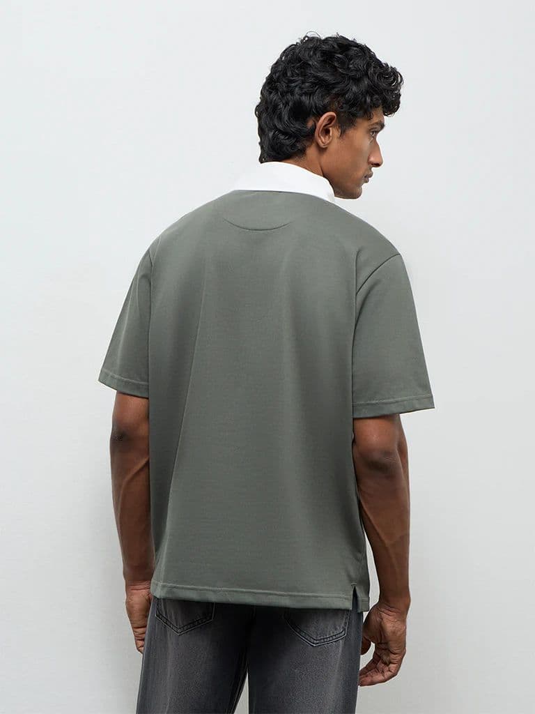 WES Casuals Olive Relaxed-Fit Cotton-Blend Polo T-Shirt — photo 5