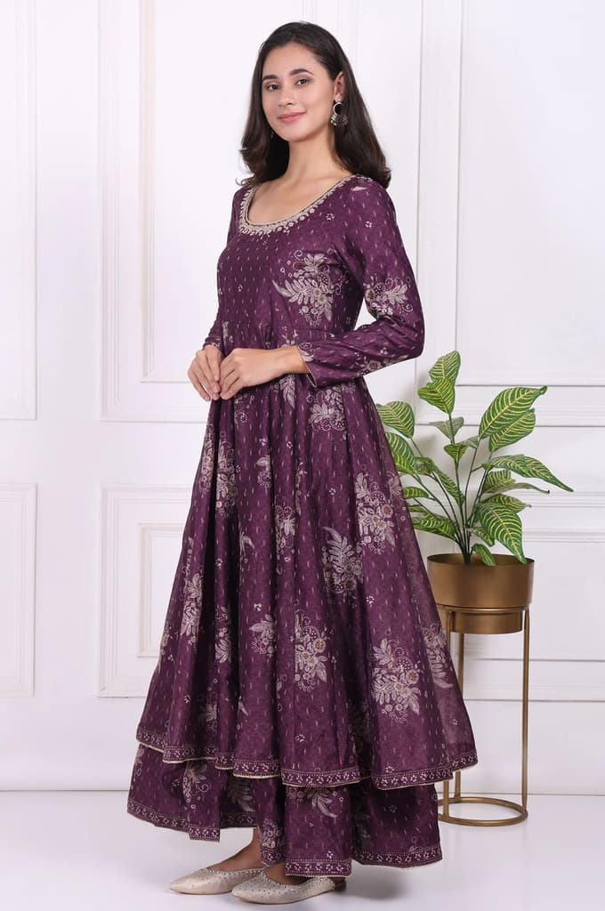 Purple Floral Printed Embroidered Anarkali Kurta with Dupatta Set — photo 4