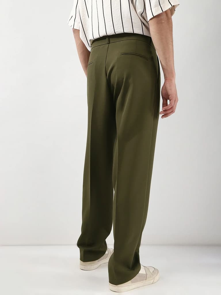 Men's Dark Olive Loose Baggy Fit Solid Korean Trousers Stretchable — photo 4