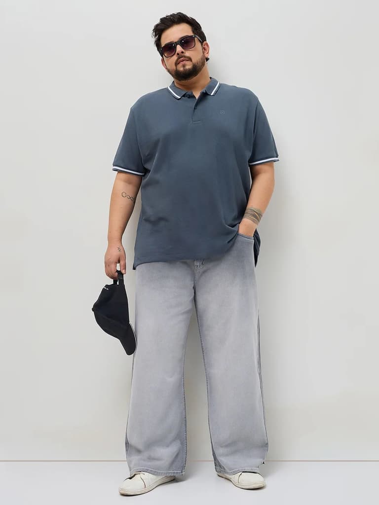 Plus Men's Light Grey Loose Baggy Fit Heavy Washed Faded Denim Jeans Non-Stretchable — photo 4