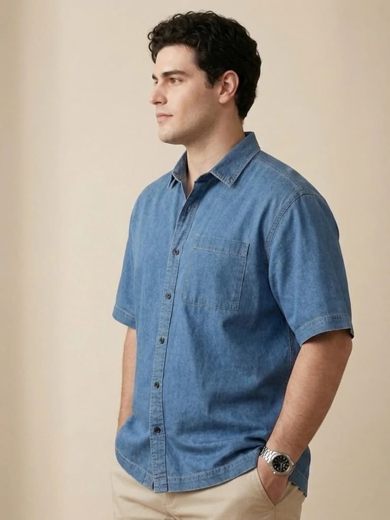 Plus Men's Light Blue Oversized Fit Half Sleeve Solid Casual Denim Shirt — photo 2