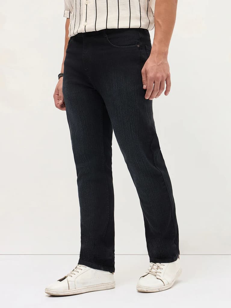 Men's Black Straight Fit Washed Denim Jeans Stretchable — photo 3