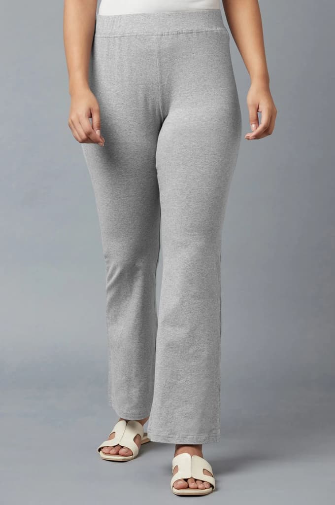 Grey Solid Flared Cotton Pants With Slip On Closure — photo 2