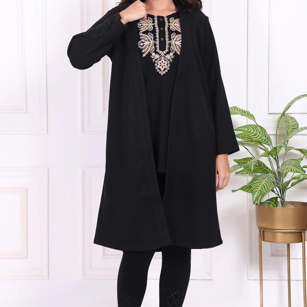 Black Embroidered Straight Woven Coat