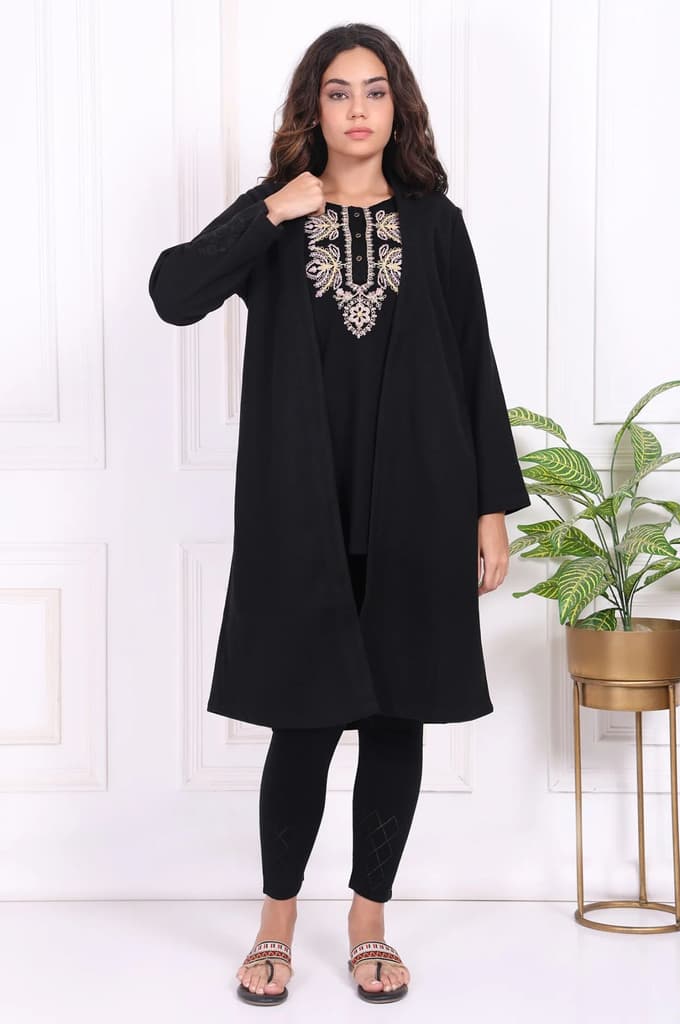 Black Embroidered Straight Woven Coat — S