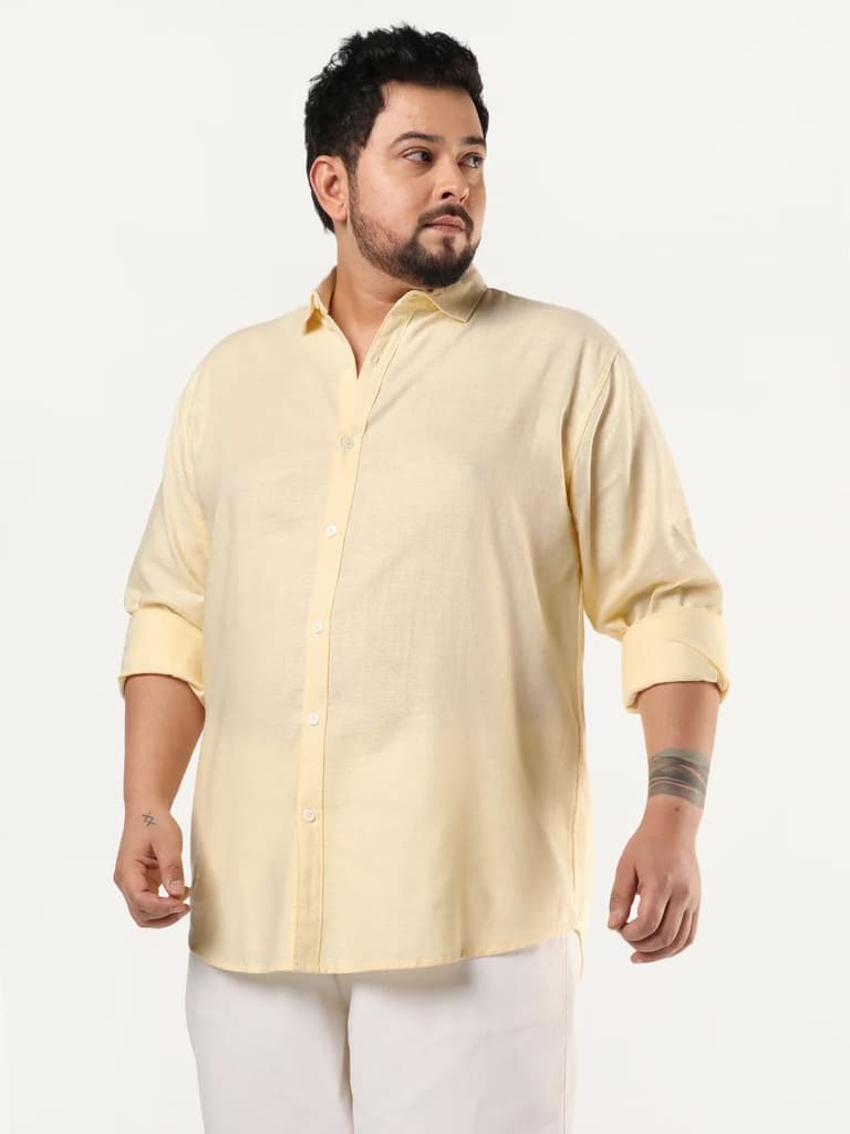Plus Men's Tender Yellow Linen Blend Full Sleeve Relaxed Fit Casual Solid Shirt — photo 3
