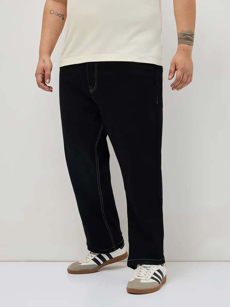 Plus Men's Black Straight Fit Raw Washed Denim Jeans Stretchable — photo 2