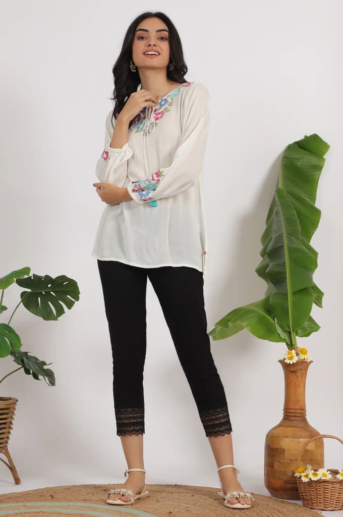 White Embroidered Rayon Crepe Straight Top — photo 3