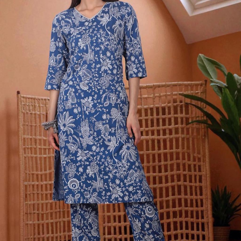Blue Floral Printed Modal Straight Kurta and Pants Co-ord Set