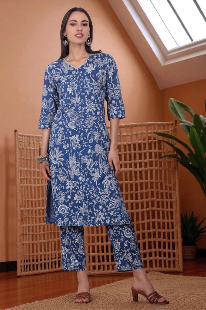 Blue Floral Printed Modal Straight Kurta and Pants Co-ord Set — XS