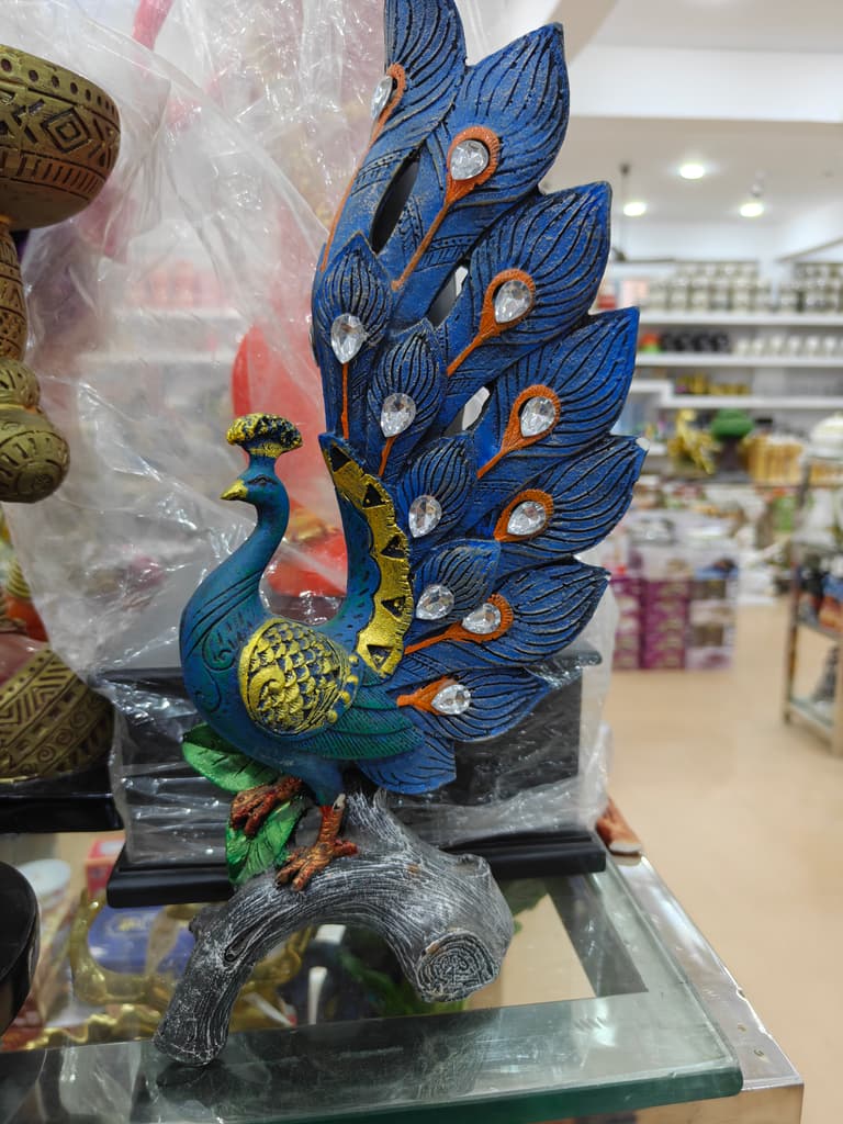 Peacock Feather Statue | Decorative | Wood | Blue