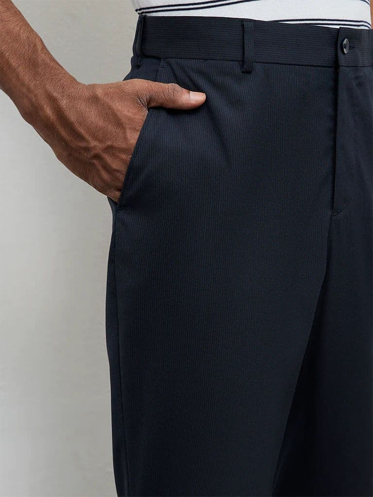 WES Formals Navy Pinstripe Relaxed-Fit Mid-Rise Trousers — photo 3