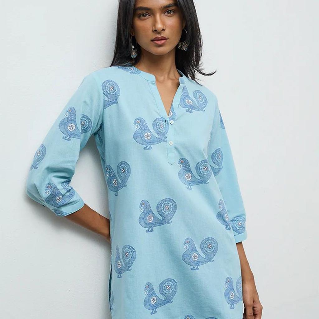 Utsa Turquoise Printed Cotton-Blend Kurti