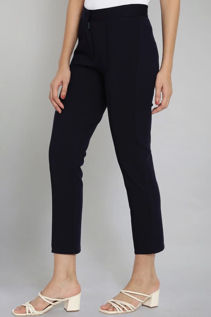 Navy Blue Solid Straight Fit Trousers With Pintuck Detail — photo 3