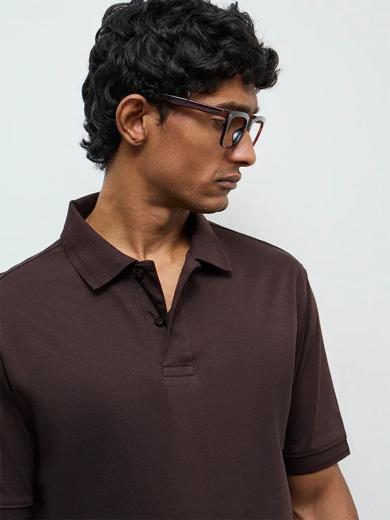 WES Casuals Dark Brown Relaxed-Fit Cotton-Blend Polo T-Shirt — photo 4