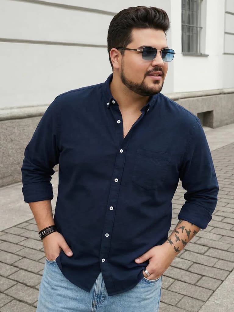 Plus Men's Navy Cotton Full Sleeve Regular Fit Solid Oxford Shirt With Button-Down Collar — 2XL / Navy