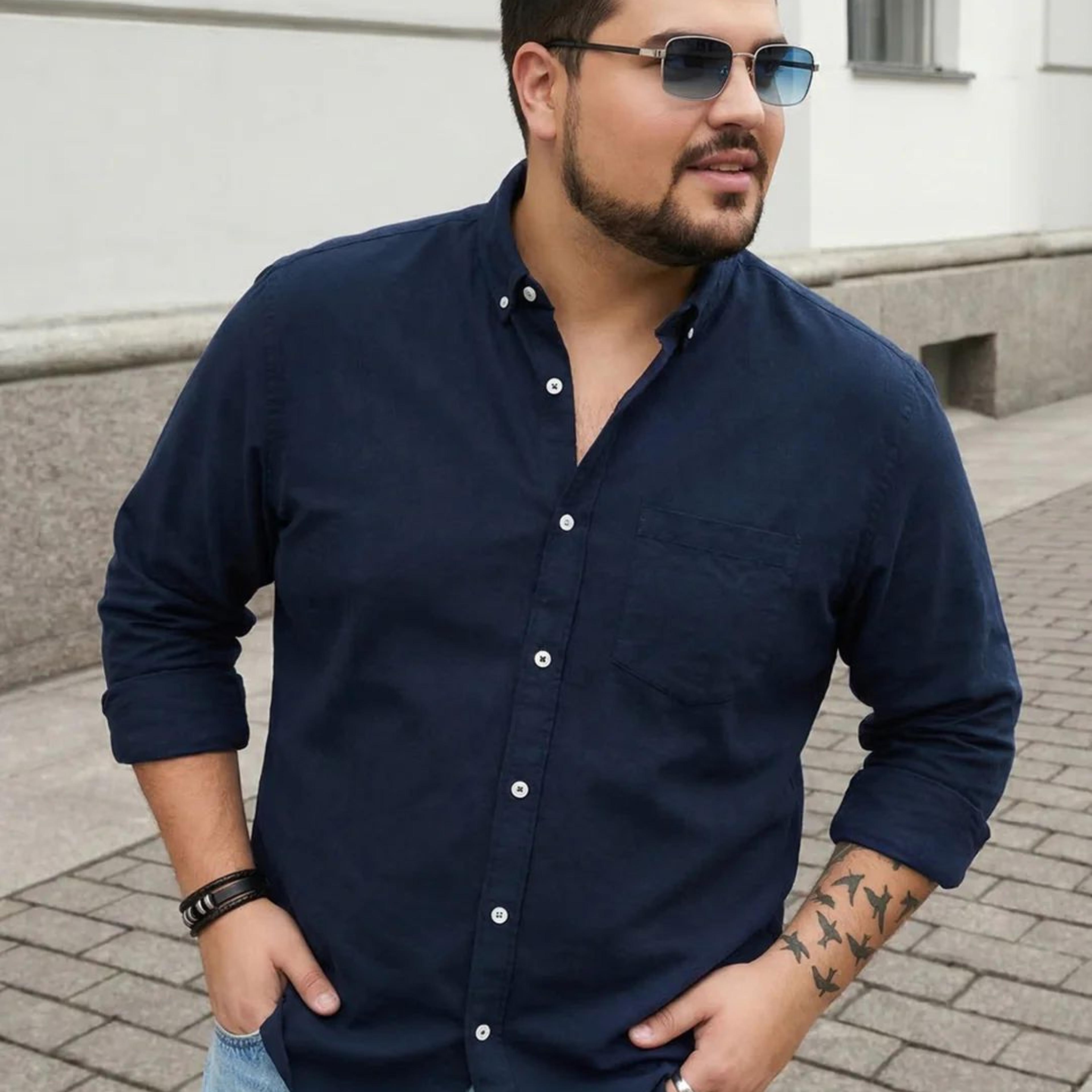 Plus Men's Navy Cotton Full Sleeve Regular Fit Solid Oxford Shirt With Button-Down Collar
