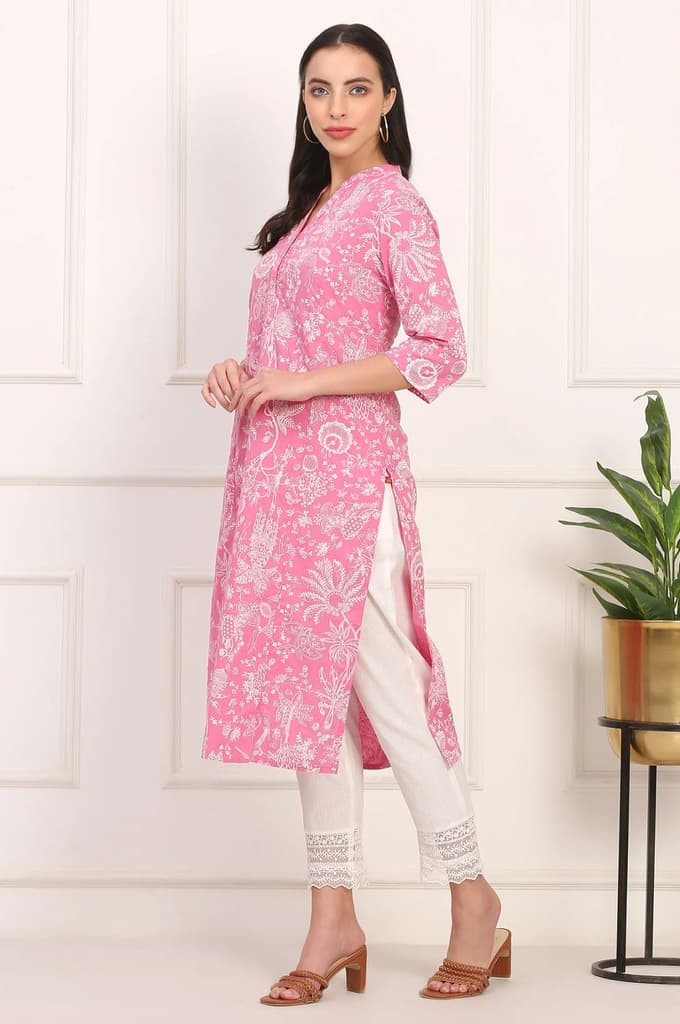 Pink Floral Printed Lurex-Embellished Straight Cotton Lurex Kurta — photo 4